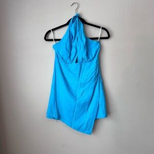 Blue Linen Halter Neck Dress